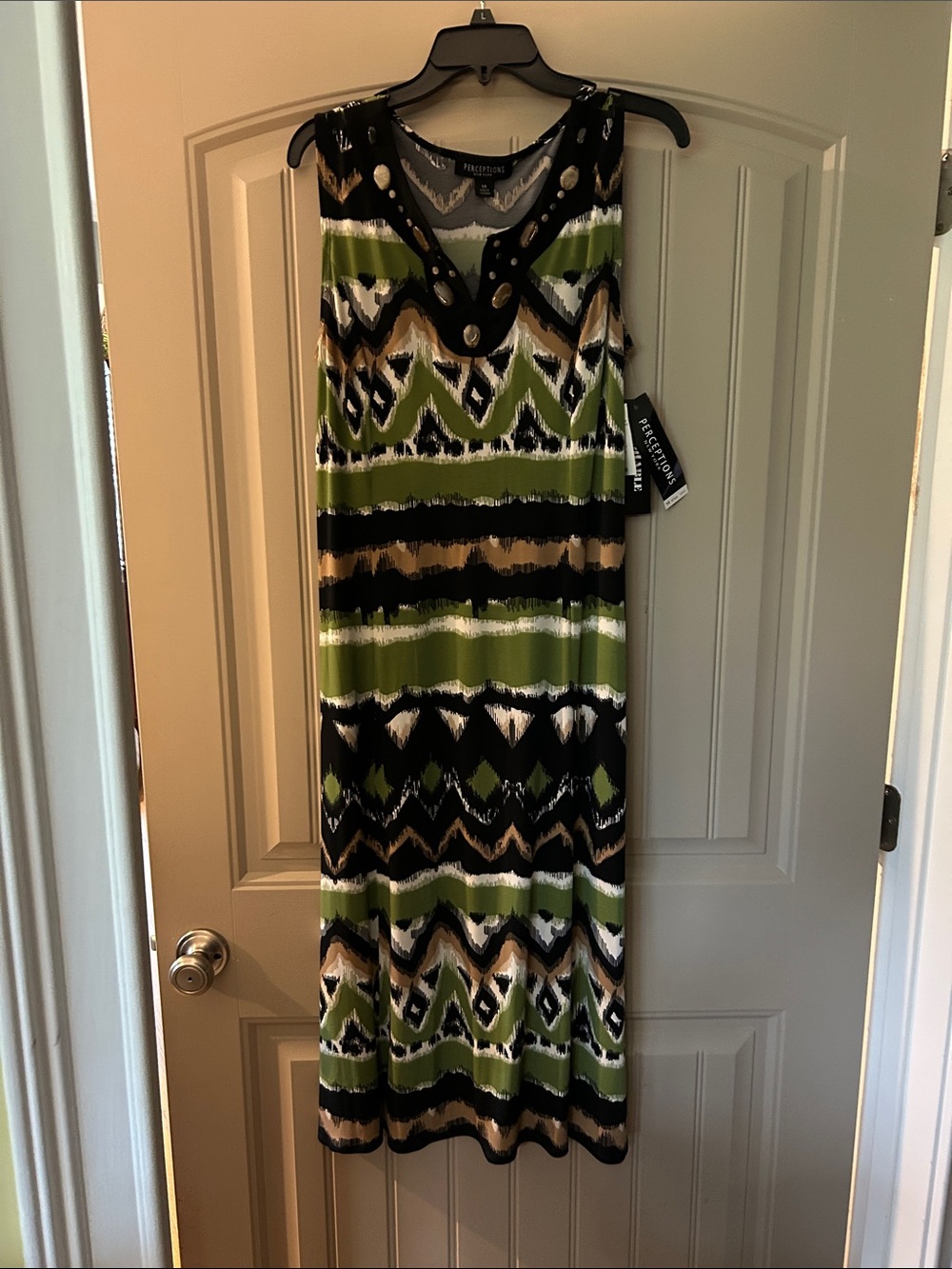 NWT Perceptions Sleeveless Maxi Dress in Green, Black, Tan, White